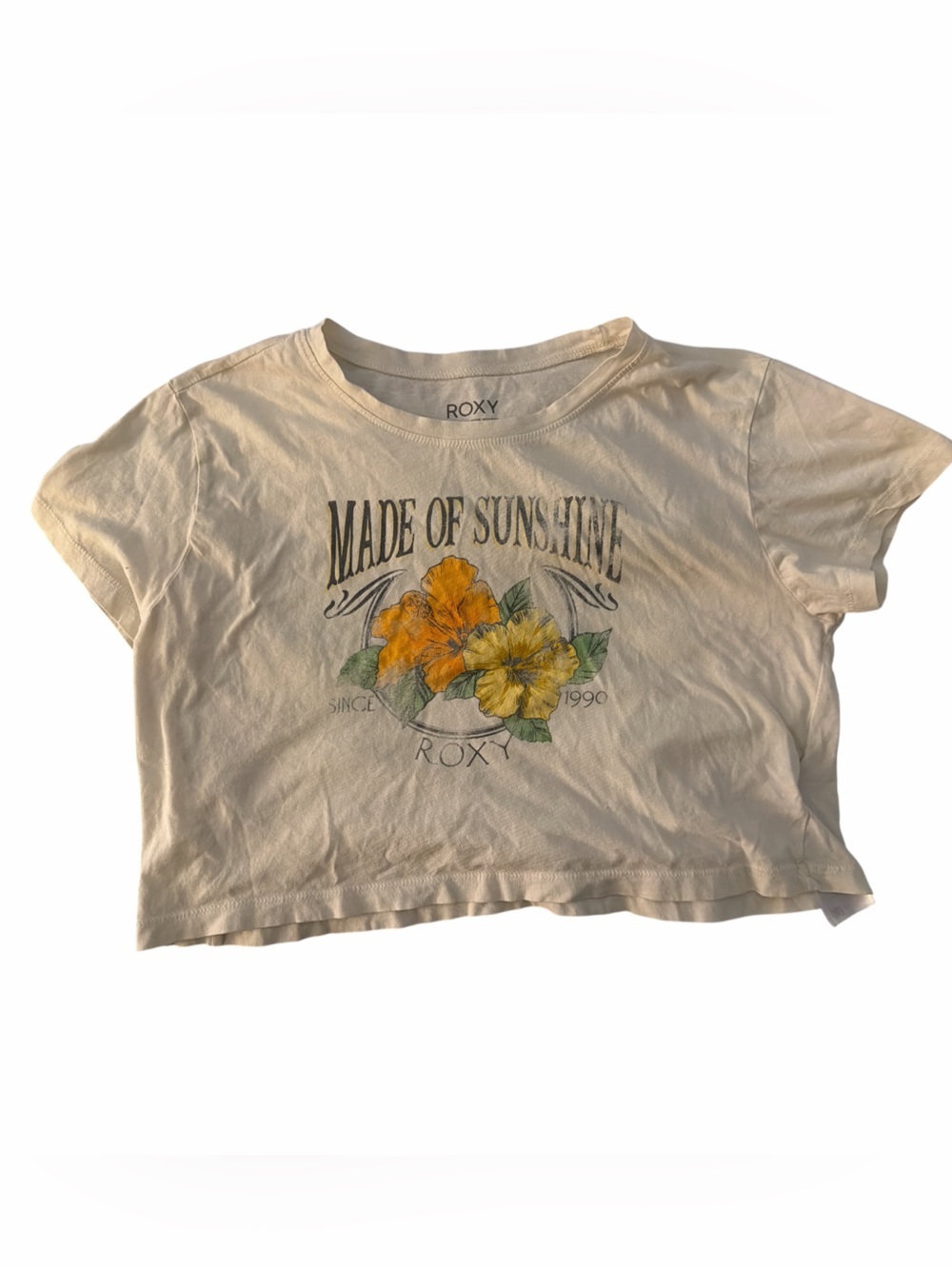 Roxy Cream Crop Tee with Yellow & Orange Floral Graphic Made of Sunshine